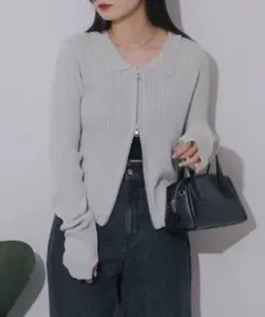 Kastane グレー リブ編み 襟付き カーディガン