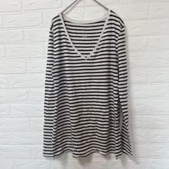 a new day [XL] Vネック長袖Tシャツ ボーダー白黒ストライプ