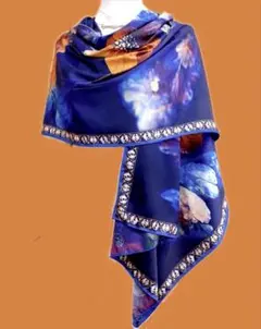 【最終値下げ】ネイビー 緑紫 両面柄 ヴィンテージ 大判 シルク調 ストール 秋