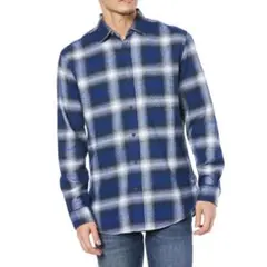 表記サイズS 日本サイズM 青と白のチェック柄長袖シャツ