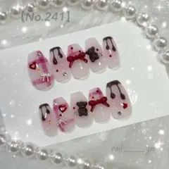 バレンタインネイル チェックネイル チョコ くま リボン オーダーネイルチップ