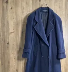 USA製　ヴィンテージ　ロングコート　無地　厚手　ウール　古着　ネイビー　H1