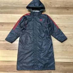 美品adidas フード付きロングベンチコート 紺グレー/レッド130㎝