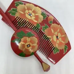 041502 木製　漆塗り　螺鈿蒔絵　牡丹　櫛　平打ち　かんざし　簪