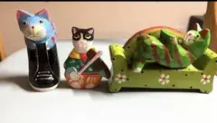 猫の木製置物3点セット