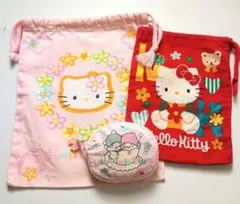【レトロ】Hello Kittyハローキティ 巾着袋2種&キキララコインケース