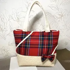 ハンドメイド　トートバッグ（タータンチェック・赤）