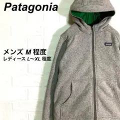 ○パタゴニア 中綿ジャケット ブルゾン フーディ 刺繍ロゴ グレー 緑 M