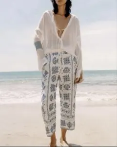 完売 ZARA 刺繍 ブルー フラワー エンブロイダリー キュロットパンツ