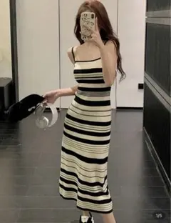 ストライプ　ニット　キャミドレス　ワンピース　アプリコット