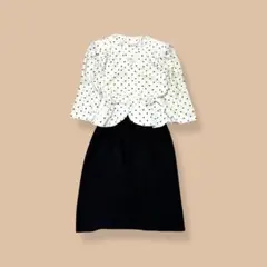 80sヴィンテージドット柄ドッキングワンピース白黒コンビ昭和レトロクラシック膝丈