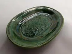 珉平焼 緑釉陰刻雲龍文 小判形小皿 豆皿 手塩皿 淡路焼 江戸期 骨董 龍_01のサムネイル