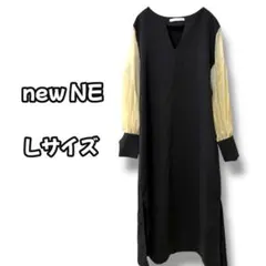 N0976　ロングワンピース　バイカラー　シアー袖　Vネック　ブラック　L