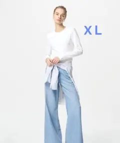 【ユニクロ】ソフトリブクルーネック　長袖　無地　ホワイト　XL