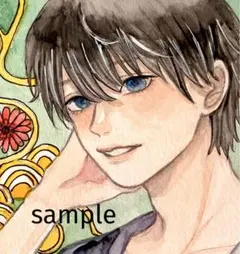 オリジナル手描きイラスト　創作　水彩画　アナログイラスト　和装男子　色紙