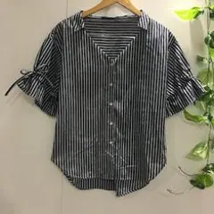 【Heather】ストライプ柄 Vネック 半袖 ブラウス リボン袖 Fサイズ