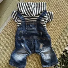 犬服 ストライプ柄フード付きデニムオーバーオール