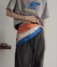 LOWRYSFARM スカーフ７０＊７０ オレンジ ブルー チェーン柄