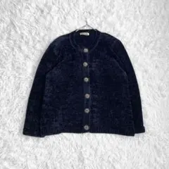 vintage ノーカラージャケット LL ネイビー ラメ糸 銀ボタン 大きめ