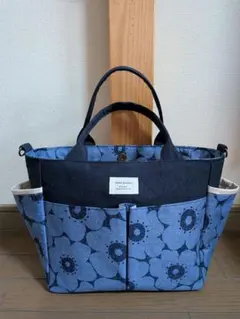 ネイビー帆布◆デニム調大柄フラワー◆ポケット沢山トートバッグ◆ハンドメイド