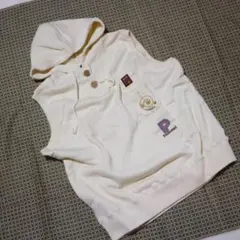 フード付き スウェット ベスト パーカー アイボリー 刺繍 ワッペン つき