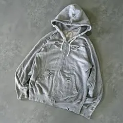 champion グレー 無地 短丈ジップパーカー　ダメージ ボロ