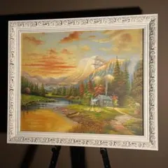 手書き油絵 静かな山河 額付 絵画 インテリア 油彩画