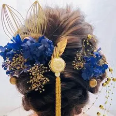 パールタッセル簪&ブルー紫陽花　水引　パールチェーン結婚式成人式卒業式振袖金箔