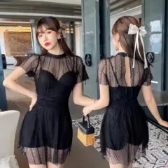 黒いレースミニワンピース 半袖