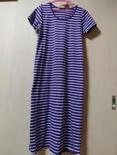 半袖ボーダーロング丈ワンピース紫パープルユニクロ