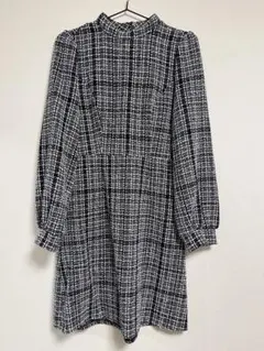 SHEIN ランタンスリーブ格子柄ツイードワンピ#ブラック×ホワイトL