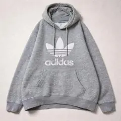 【adidas トレフォイル ロゴ パーカー】グレー 古着 ストリート メンズ