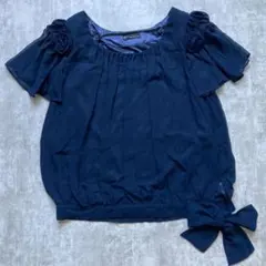 2WAY✨axes femme 袖取り外し シフォン ブラウス 薔薇モチーフ 紺