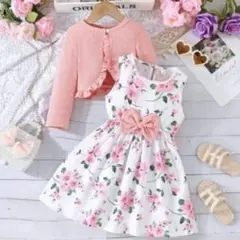 100 七五三ドレス 女の子 花柄ピンクワンピースカーディガン付き セットアップ