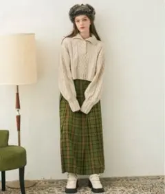 【美品】idem belted pleats check skirt グリーンS