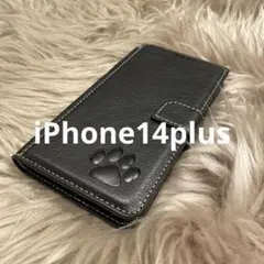 iPhone14plus 手帳型スマホケース　レザー　黒　犬　猫　足あと