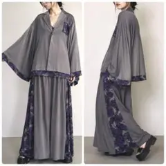 美品 雅結 和柄 セットアップ ジャケット ワイドパンツ 洗える 男女兼用 L
