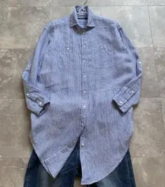 美品✨ローレンラルフローレン リネンロングシャツ ブルーストライプ 切り替え