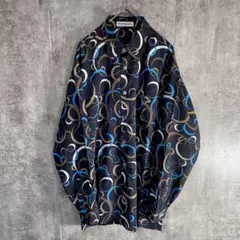 総柄 ポリエステルシャツ 日本製 レトロ柄 幾何学柄 長袖シャツ M 古着
