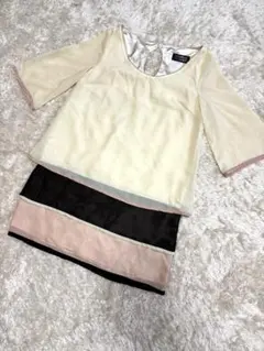 adenauer language 七分袖ワンピース クリーム・黒・ピンク