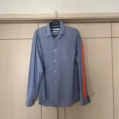 青と白ストライプ 長袖シャツ オレンジアクセント