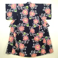 【美品】浴衣 藍染 綿 朝顔 洗える着物 夏物 身丈151 裄65 紺 ネイビー