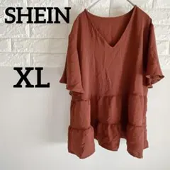 SHEIN 【XL】半袖チュニック　ブラウン Vネック　2段フリル　フリル袖