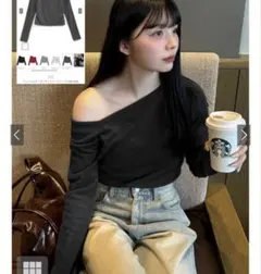 GRL ワンショルダーギャザースリーブトップス ブラック