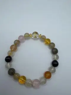 【一点物】水晶梵字入り　天然石ブレスレット／ルチル・ラブラドライト他／約19cm