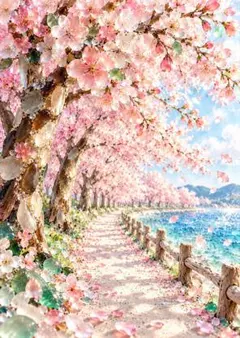 桜並木と海辺の風景 アートプリント