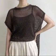 Neuna シースルー メッシュニット ビッグベスト ブラウン ロング スリットのサムネイル
