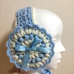 耳あて イヤーマフ ハンドメイド かぎ針編み 水色 白