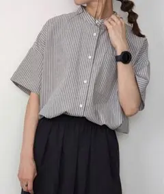 【美品】【今季】半袖ストライプバンドカラーシャツ