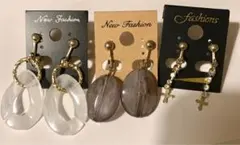 ホワイト、ネイビーオーバル型、ラインストーン十字架クロス　イヤリング3点セット